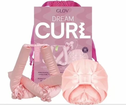 Набор для укладки волос Glov Dream Curl холодные бигуди и атласная шапочка розовый