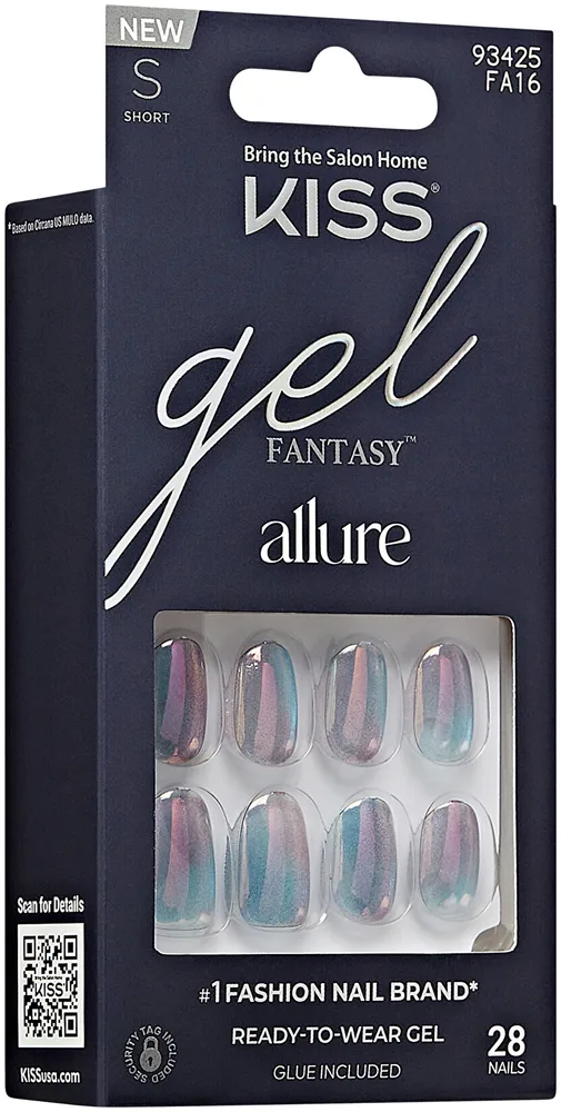 Накладные ногти Kiss Gel Fantasy Allure Change Chance с клеем, серебристые зеркальные, короткие овальные, 28 шт