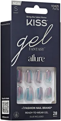 Накладные ногти Kiss Gel Fantasy Allure Change Chance с клеем, серебристые зеркальные, короткие овальные, 28 шт