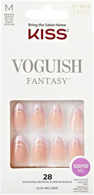 Набор накладных ногтей с клеем Kiss Voguish Fantasy Nails, розовые с блестящим френчем, 28 шт