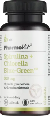БАД Pharmovit Spirulina + Chlorella Blue-Green смесь водорослей спирулины и хлореллы в таблетках, 500 мг, 180 таблеток