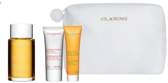 Clarins Huile Tonic набор для тела Spa At Home Xmas 25: масло 100 мл, скраб 30 мл, бальзам 30 мл и косметичка, подарочный