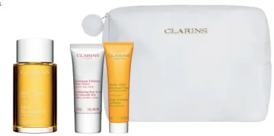 Clarins Huile Tonic набор для тела Spa At Home Xmas 25: масло 100 мл, скраб 30 мл, бальзам 30 мл и косметичка, подарочный