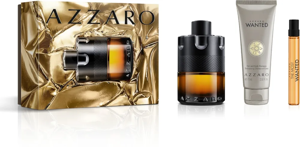 Azzaro The Most Wanted набор мужской: парфюм 100 мл, парфюм 10 мл, шампунь для волос и тела 75 мл, пряный фужерный аромат