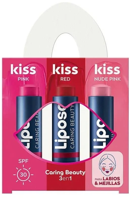 Набор бальзамов для губ и щек Liposan Caring Beauty 3 в 1 SPF 30 оттенки Red Pink и Nude Pink 3 шт по 4.8 г