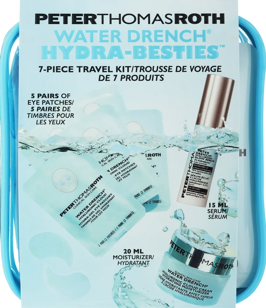 Peter Thomas Roth Water Drench набор Hydra-Besties: увлажняющий крем для лица 20 мл, гидрогелевые патчи под глаза 10 шт., сыворотка с гиалуроновой кислотой 15 мл, косметичка