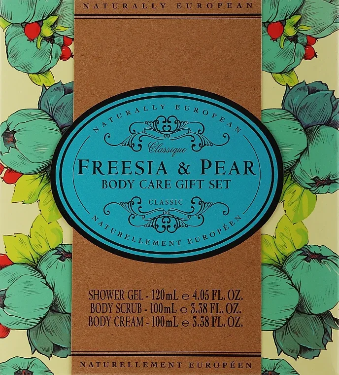 Набор для тела Naturally European Freesia & Pear гель для душа крем и скраб с глицерином и ароматом фрезии и груши 120+100+100 мл