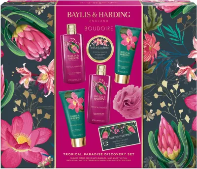 Набор Baylis & Harding Boudoire Tropical Paradise крем для душа 300 мл пена 300 мл лосьон 130 мл крем-гель 130 мл мыло 100 г кристаллы 100 г и мочалка