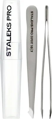 Пинцет для бровей Staleks Pro Expert 10 Type 7 TE-10/7 скошенный, острый, 2 в 1, с футляром, 1 шт