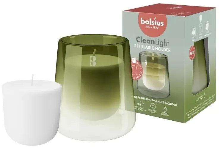 Набор Bolsius CleanLight подсвечник из двухслойного стекла и ароматическая свеча гардения и инжир