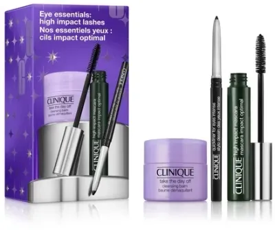 Набор для макияжа глаз Clinique Eye Essentials: High Impact Lashes, тушь, карандаш и бальзам для снятия макияжа, 7 мл + 0,14 г + 15 мл