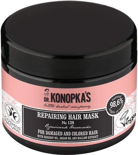 Восстанавливающая маска для волос Dr Konopka's, аргановое масло, масло шиповника, экстракт мальвы, протеины пшеницы, 300 мл