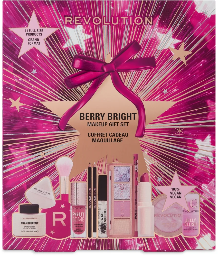 Набор для макияжа Makeup Revolution Berry Bright пудра палетка теней хайлайтер румяна и блеск 13 предметов