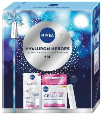Набор для лица NIVEA Hyaluron Heroes бальзам для губ дневной крем SPF30 и сыворотка с гиалуроновой кислотой для зрелой кожи 4.8 г+50+30 мл