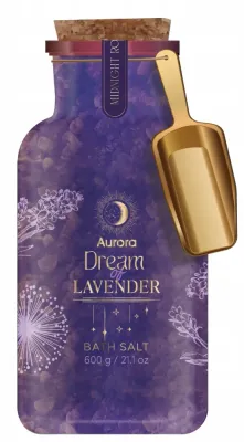 Aurora Dream of Lavender соль для ванны с ложечкой 600 г, лавандовая соль с цветками лаванды и эфирными маслами, подарок