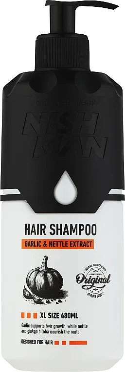 Шампунь для волос Nishman Garlic and Nettle Extract Hair Shampoo с экстрактами чеснока и крапивы, укрепляющий, 480 мл