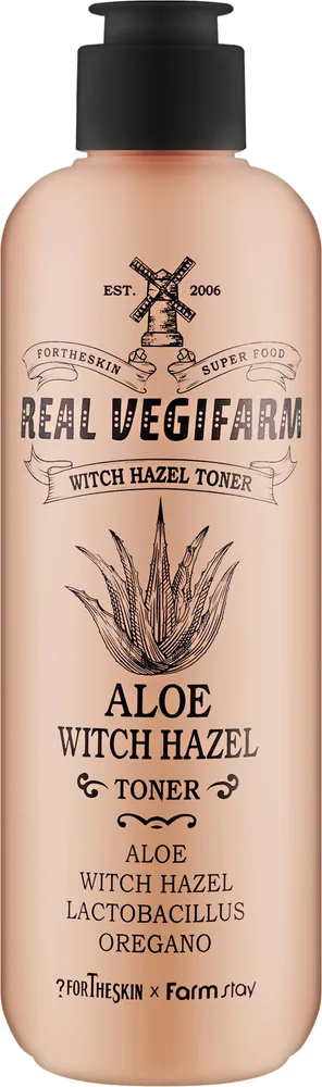 Fortheskin Super Food Real Vegifarm Wich Hazel Toner Aloe тоник для лица с экстрактом гамамелиса и алоэ, корейский уход 280 мл
