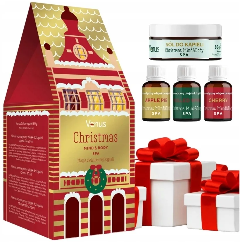 Набор Venus Christmas Mind & Body SPA масла для ванны яблочный пирог вишня и глинтвейн 3 шт по 20 мл и морская соль 80 г