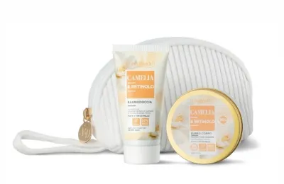 Набор Bottega Verde Camellia And Retinol гель для ванны и душа 50 мл масло для тела 50 мл и косметичка