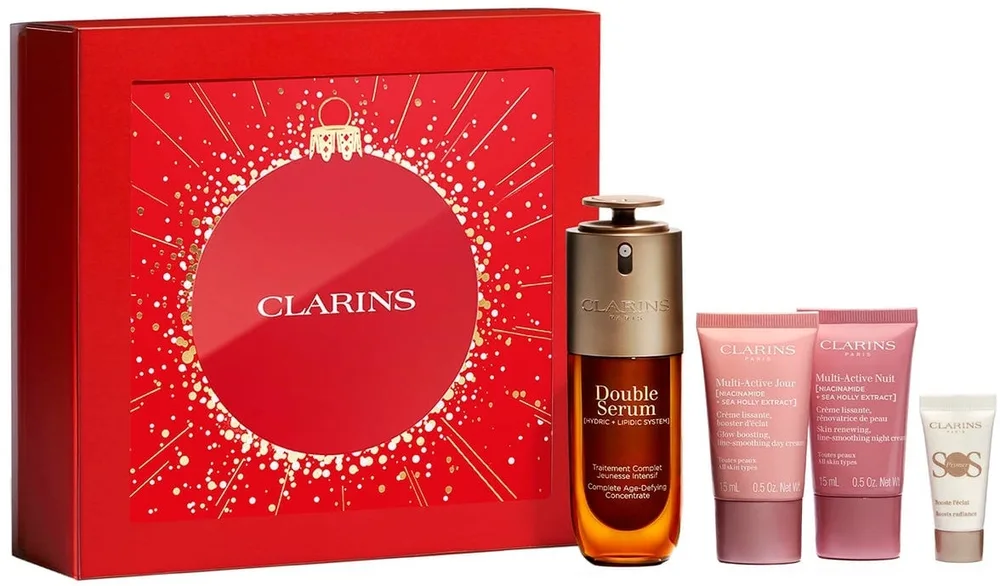 Clarins набор Double Serum and Multi-Active Collection: сыворотка 50 мл, дневной крем 15 мл, ночной крем 15 мл и праймер 5 мл, уход за лицом