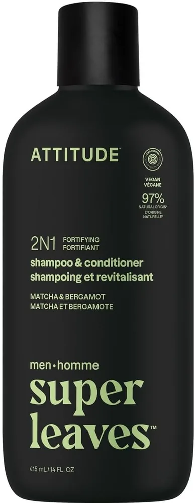 Шампунь для волос Attitude Super Leaves Men Matcha and Bergamot 2 в 1 с кондиционером, укрепляющий, 415 мл