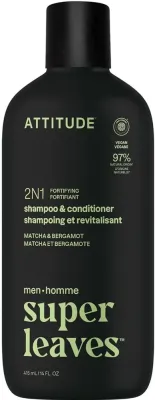 Шампунь для волос Attitude Super Leaves Men Matcha and Bergamot 2 в 1 с кондиционером, укрепляющий, 415 мл
