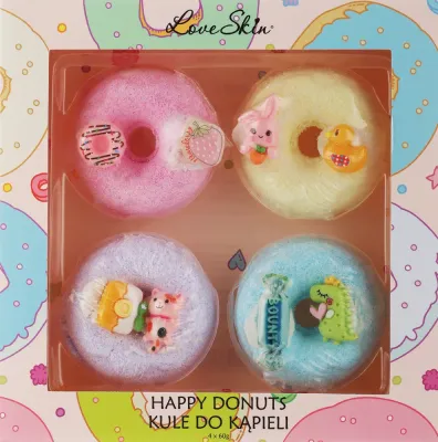 Love Skin Happy Donuts Bounty набор бомбочек для ванны 4 шт. по 60 г, ароматные шипучие шарики для расслабляющей ванны