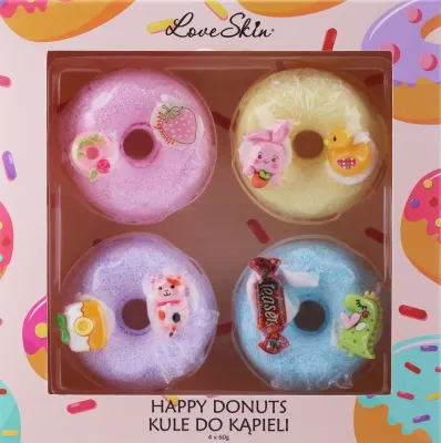 Love Skin Happy Donuts Teasers набор бомбочек для ванны 4 x 60 г, ароматические шипучие шары в форме пончиков