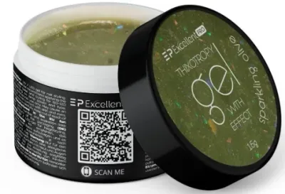 Тиксотропный гель для ногтей Excellent Pro Thixotropy Gel With Effect с блёстками, самовыравнивающийся, 15 г, оттенок Sparkling Olive