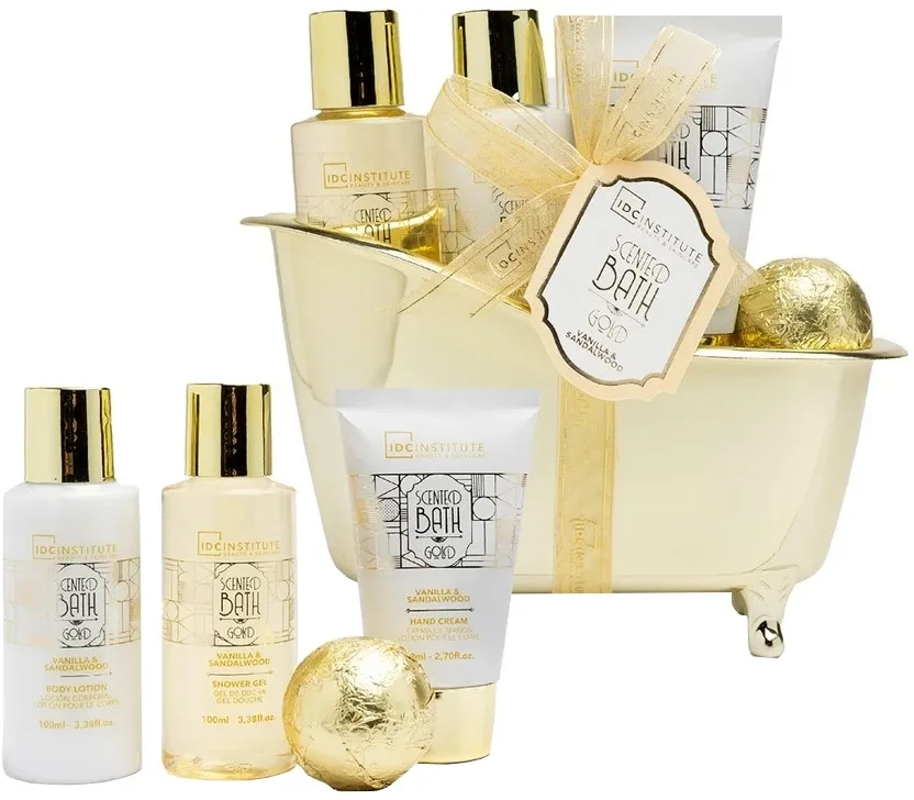 IDC Institute Scented Bath Gold Vanilla and Sandalwood подарочный набор для тела: гель для душа, лосьон, крем для рук, бомбочка для ванны