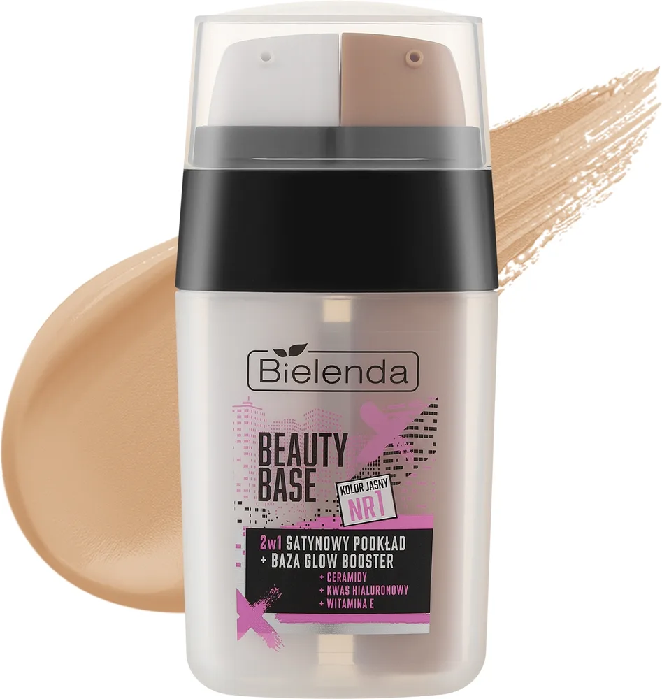 База под макияж Bielenda Beauty Base Satin Foundation + Glow Booster 2 в 1, с сатиновым финишем, 2 x 7,5 г, оттенок 01