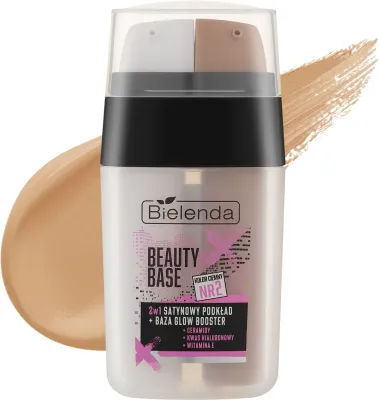 База под макияж Bielenda Beauty Base Satin Foundation + Glow Booster 2 в 1, с сатиновым финишем, 2 x 7,5 г, оттенок 02