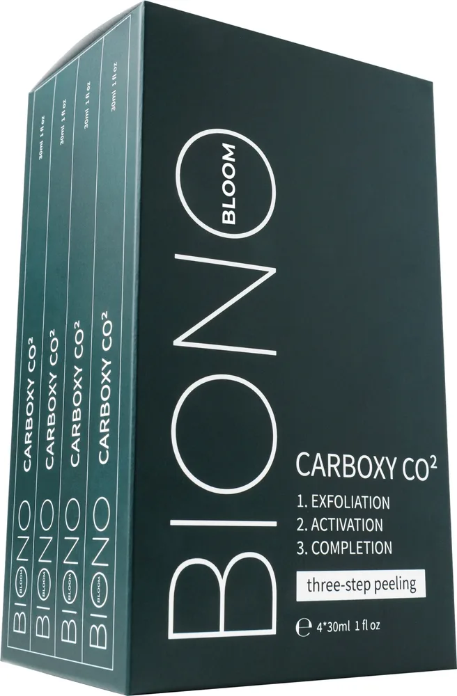 Biono Bloom Carboxy CO2 набор для трёхэтапного карбокси-пилинга лица 4 шт. по 30 мл, карбокситерапия с AHA-кислотами и гиалуроновой кислотой