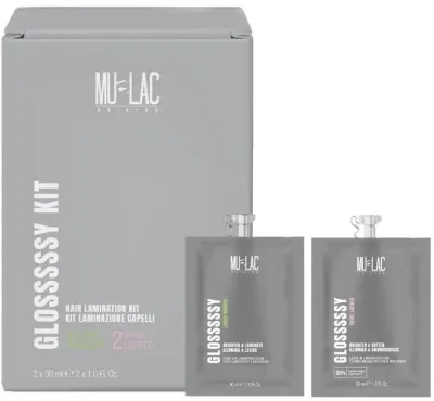 Mulac Glosssssy Discovery Kit набор для ламинирования волос: смываемая сыворотка 30 мл и несмываемый флюид 30 мл, для блеска