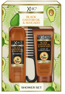 Xpel Marketing Ltd Xpel Marketing Ltd Xpel Hair Care Black Castor Oil & Avocado Shower Set (shm/100 мл + cond/100 мл + comb/1pc) - Набор Xpel Hair Care Black Castor Oil & Avocado шампунь 100 мл несмываемый кондиционер 100 мл и расческа