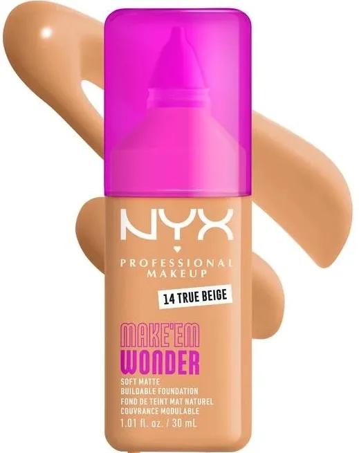 NYX Professional Makeup Podkład do twarzy - Тональный флюид NYX Professional Make Em Wonder Soft Matte матирующий стойкий, 30 мл, оттенок 14 - True Beige