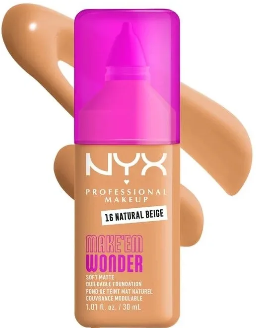 NYX Professional Makeup Podkład do twarzy - Тональный флюид NYX Professional Make Em Wonder Soft Matte матирующий стойкий, 30 мл, оттенок 16 - Natural Beige