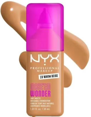 NYX Professional Makeup Podkład do twarzy - Тональный флюид NYX Professional Make Em Wonder Soft Matte матирующий стойкий, 30 мл, оттенок 19 - Warm Beige