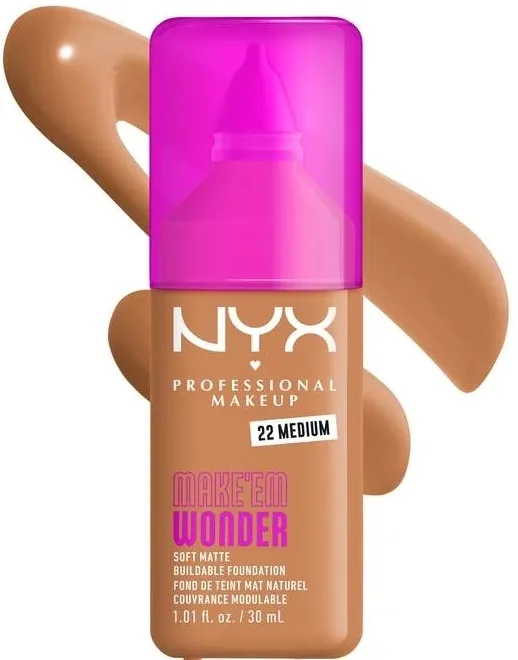 NYX Professional Makeup Podkład do twarzy - Тональный флюид NYX Professional Make Em Wonder Soft Matte матирующий стойкий, 30 мл, оттенок 22 - Medium