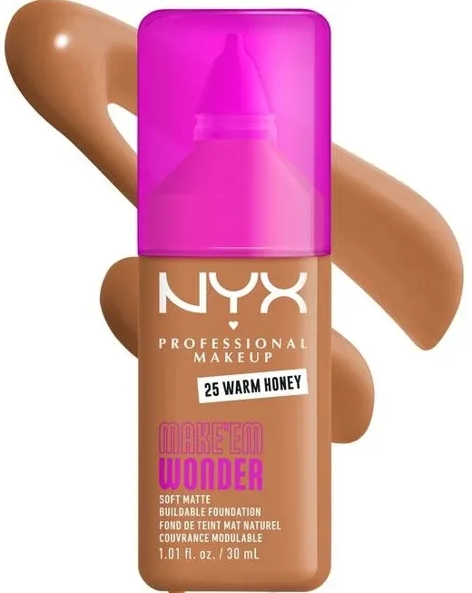 NYX Professional Makeup Podkład do twarzy - Тональный флюид NYX Professional Make Em Wonder Soft Matte матирующий стойкий, 30 мл, оттенок 25 - Warm Honey