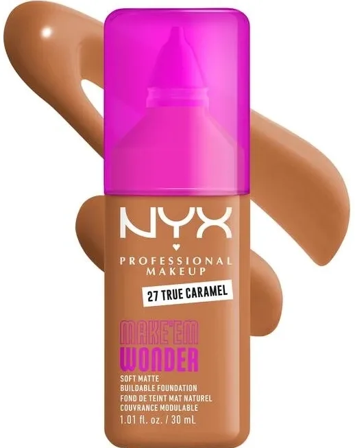 NYX Professional Makeup Podkład do twarzy - Тональный флюид NYX Professional Make Em Wonder Soft Matte матирующий стойкий, 30 мл, оттенок 27 - True Caramel