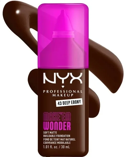 NYX Professional Makeup Podkład do twarzy - Тональный флюид NYX Professional Make Em Wonder Soft Matte матирующий стойкий, 30 мл, оттенок 43 - Deep Ebony