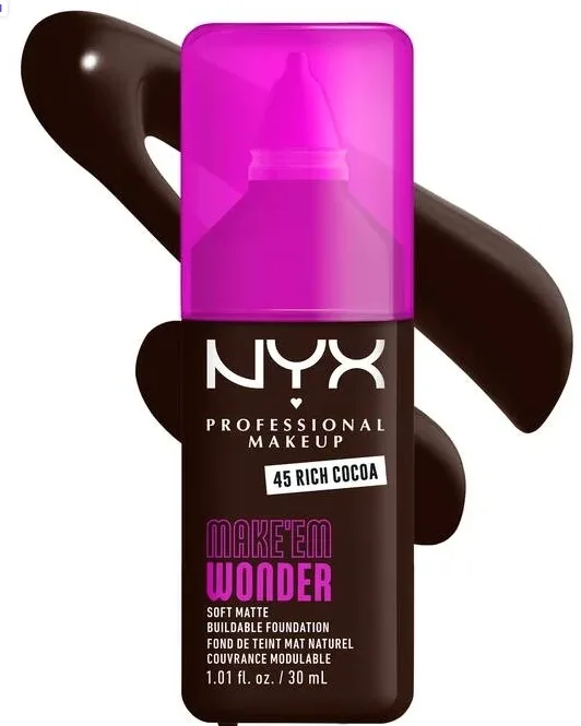 NYX Professional Makeup Podkład do twarzy - Тональный флюид NYX Professional Make Em Wonder Soft Matte матирующий стойкий, 30 мл, оттенок 45 - Rich Cocoa
