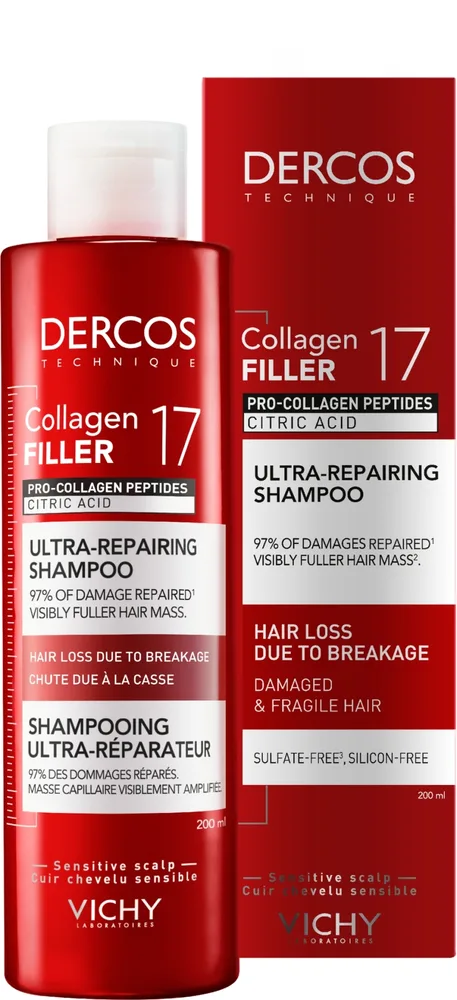 Восстанавливающий шампунь Vichy Dercos Collagen 17 Filler Ultra-Repairing, для волос и кожи головы, 200 мл / 400 мл