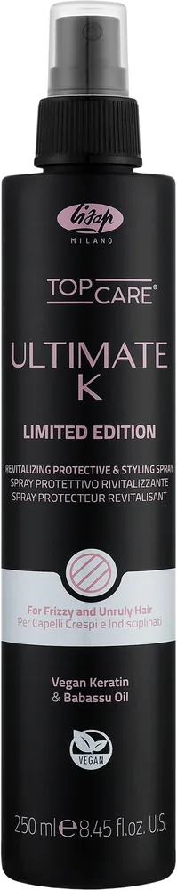 Lisap Ultimate K Black — разглаживающий термозащитный спрей для волос с бабассу и рисовым протеином, 250 мл