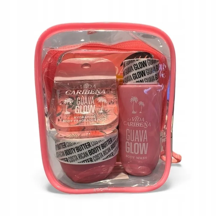 Набор La Vida Caribena Guava Glow спрей для тела 35 мл масло для тела 50 мл гель для душа 100 мл и косметичка