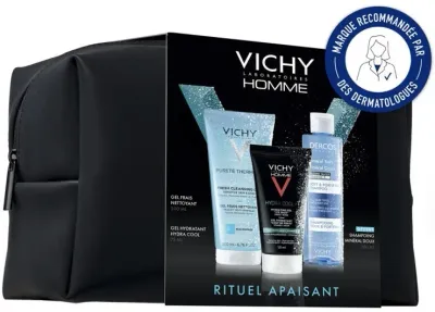 Подарочный набор для мужчин Vichy Homme Ritual Gift Set: увлажняющий гель Hydra Cool+, очищающий гель Fresh, шампунь Dercos Mineral Soft