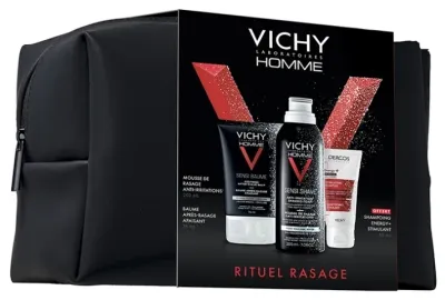 Vichy Homme Ritual Shaving Kit мужской набор: пена для бритья 200 мл, бальзам после бритья 75 мл, шампунь 50 мл, косметичка