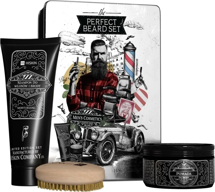 Мужской набор HiSkin Perfect Beard увлажняющий шампунь для волос и бороды 200 мл помада для укладки 100 г и щетка для бороды