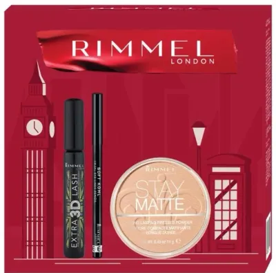 Rimmel набор для макияжа: пудра Stay Matte 001 Transparent 14 г, тушь 3D Extra Lash черная 8 мл, карандаш Soft Kohl Kajal 061 Jet Black 1.2 г, для глаз и лица